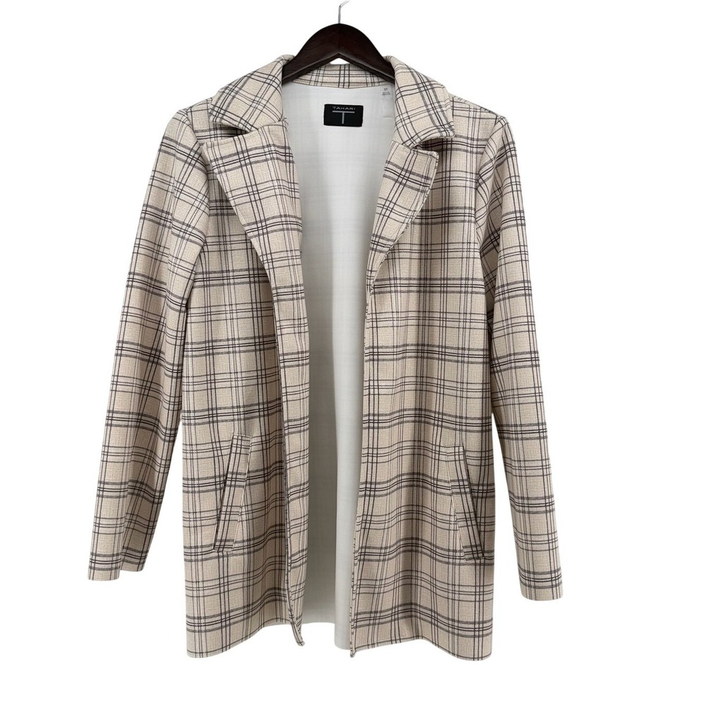 Tahari Petite Small Beige Plaid Open Front Longline Blazer Jacket Pockets